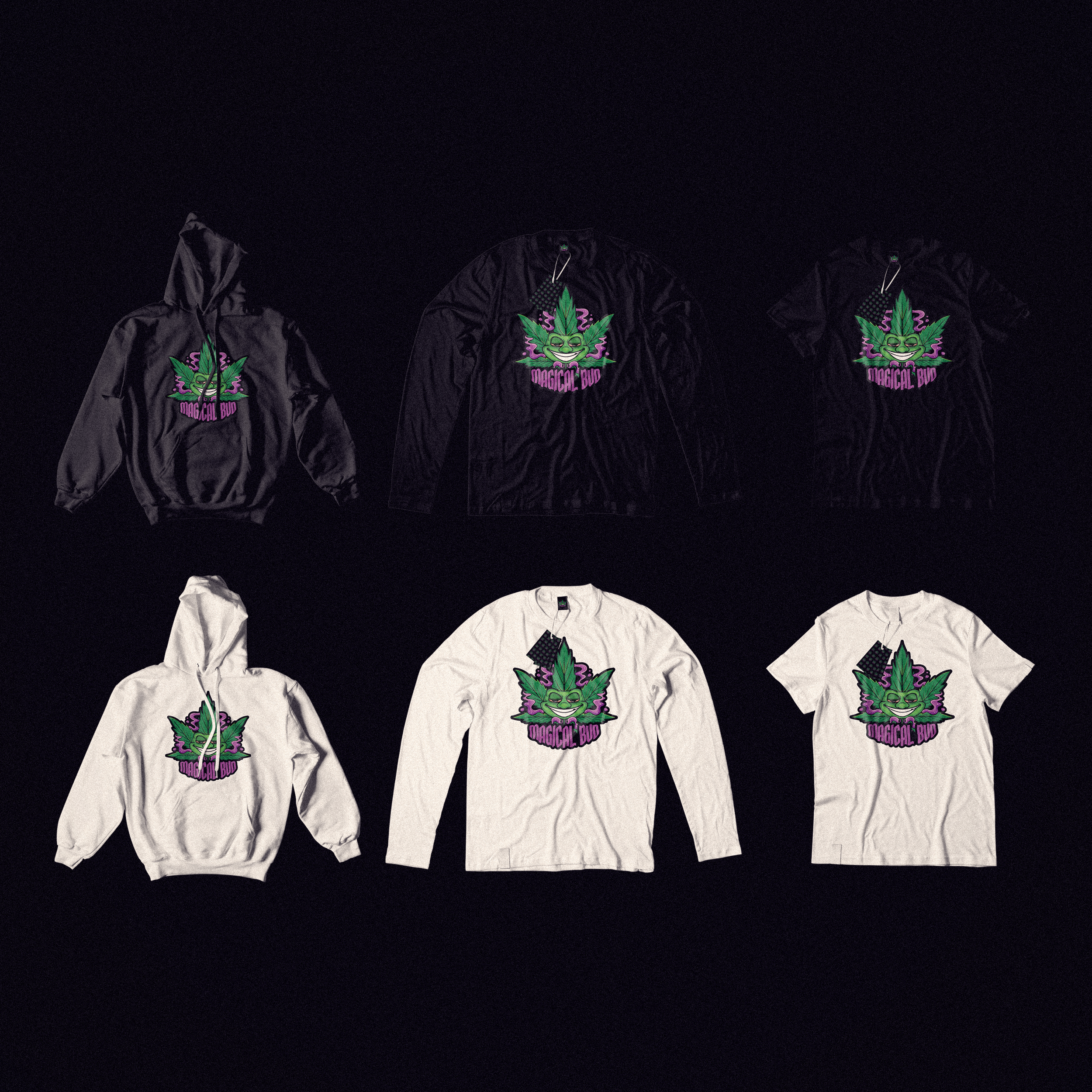 Collection of black and white clothing items, including hoodies and t-shirts, all featuring a colorful graphic of a smiling face with a leaf and a purple banner reading 'Magical Bud'.