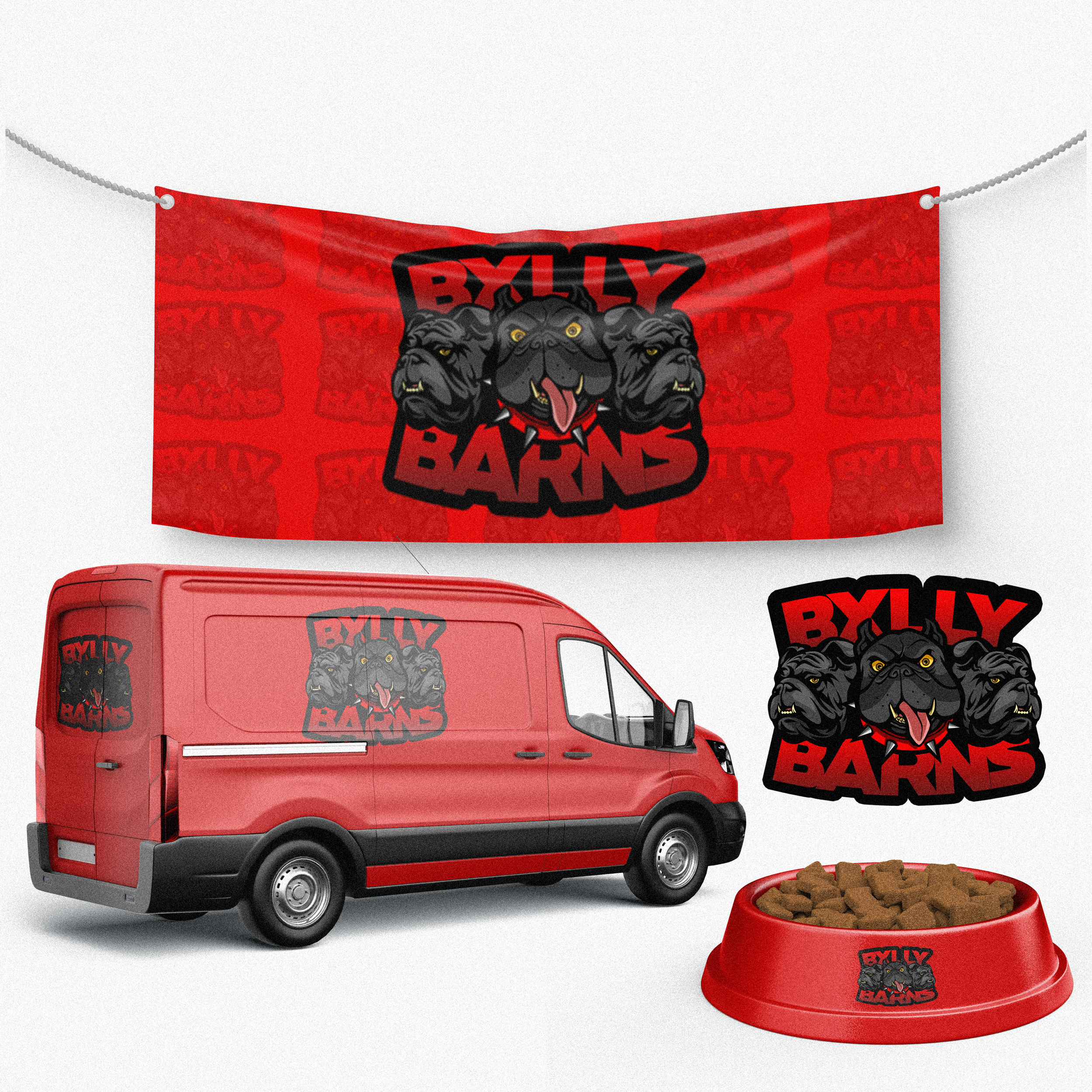 A red delivery van with a logo of three dog heads and the text 'BXYLY BARN' on its side. A red banner hanging on the wall behind the van displays the same logo and text. A dog food bowl filled with kibble has the logo on its side, and a separate logo