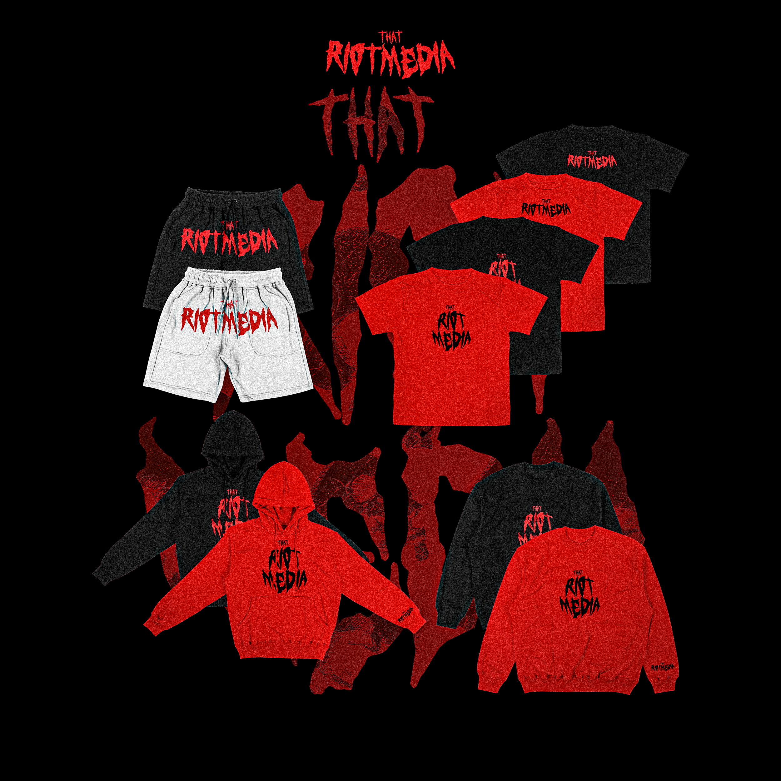 Collection of black, red, and white T-shirts, hoodies, and sweatshirts with the words "That Riot Media" in red, set against a black background with red graphic elements.