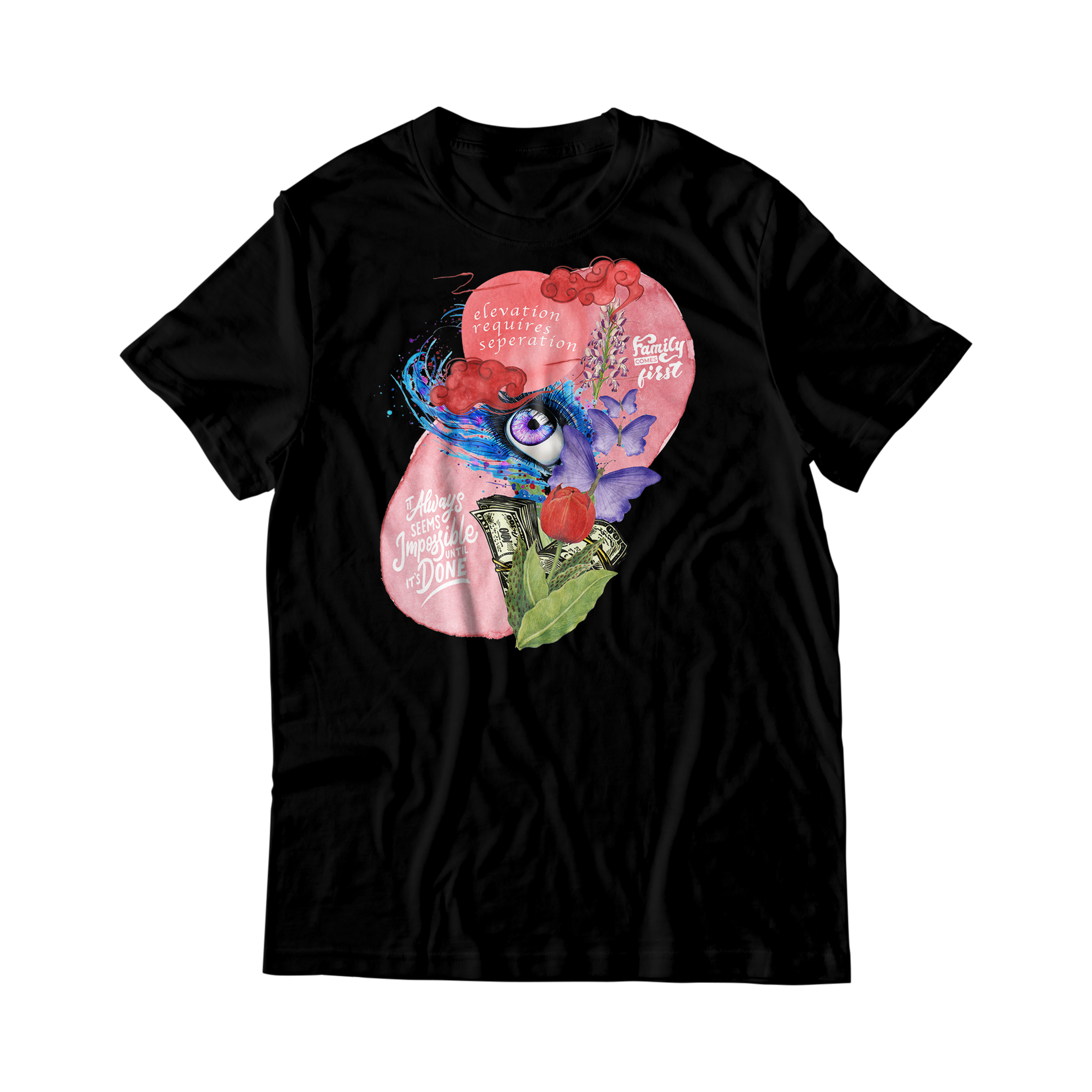 Black T-shirt with a colorful collage design featuring a large pink number eight, an eye, purple flowers, dollar bills, a peach, and various motivational text.