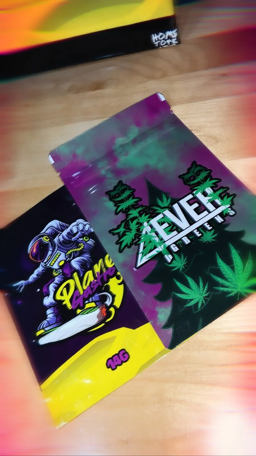 Packaging of ELEV8 Cannabis with marijuana leaf graphics and a space-themed astronaut illustration with the words 'Plantastic' and a yellow banner indicating 1 gram.