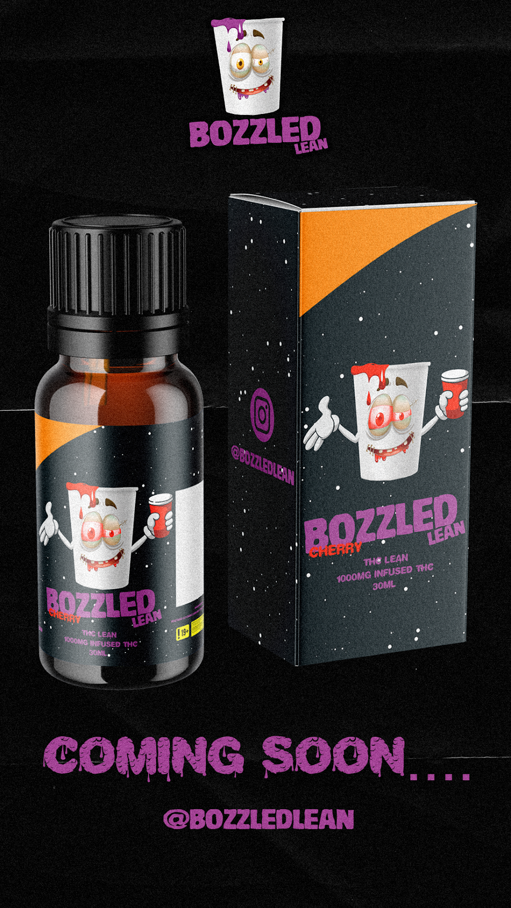 A promotional image for Bozzled Lean cherry THC oil, featuring a dark space-themed background with a cartoon character of a smiling, dancing cup with eyes and a mouth, holding a red cup. The text indicates the product contains 1000mg infused THC, com