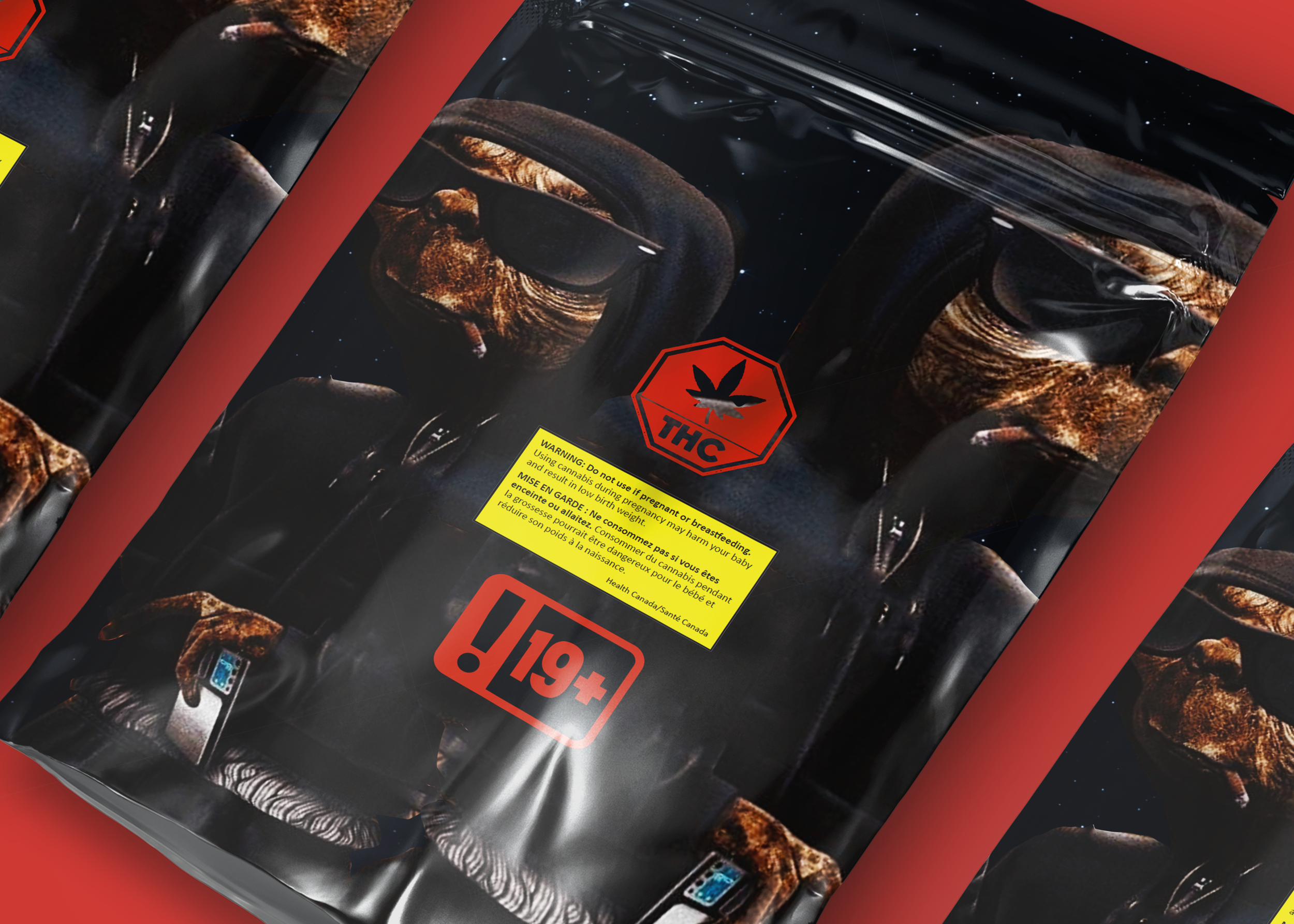 Multiple packages with black and brown turtle graphic designs, THC logo, and red warning labels, stacked together on a surface.