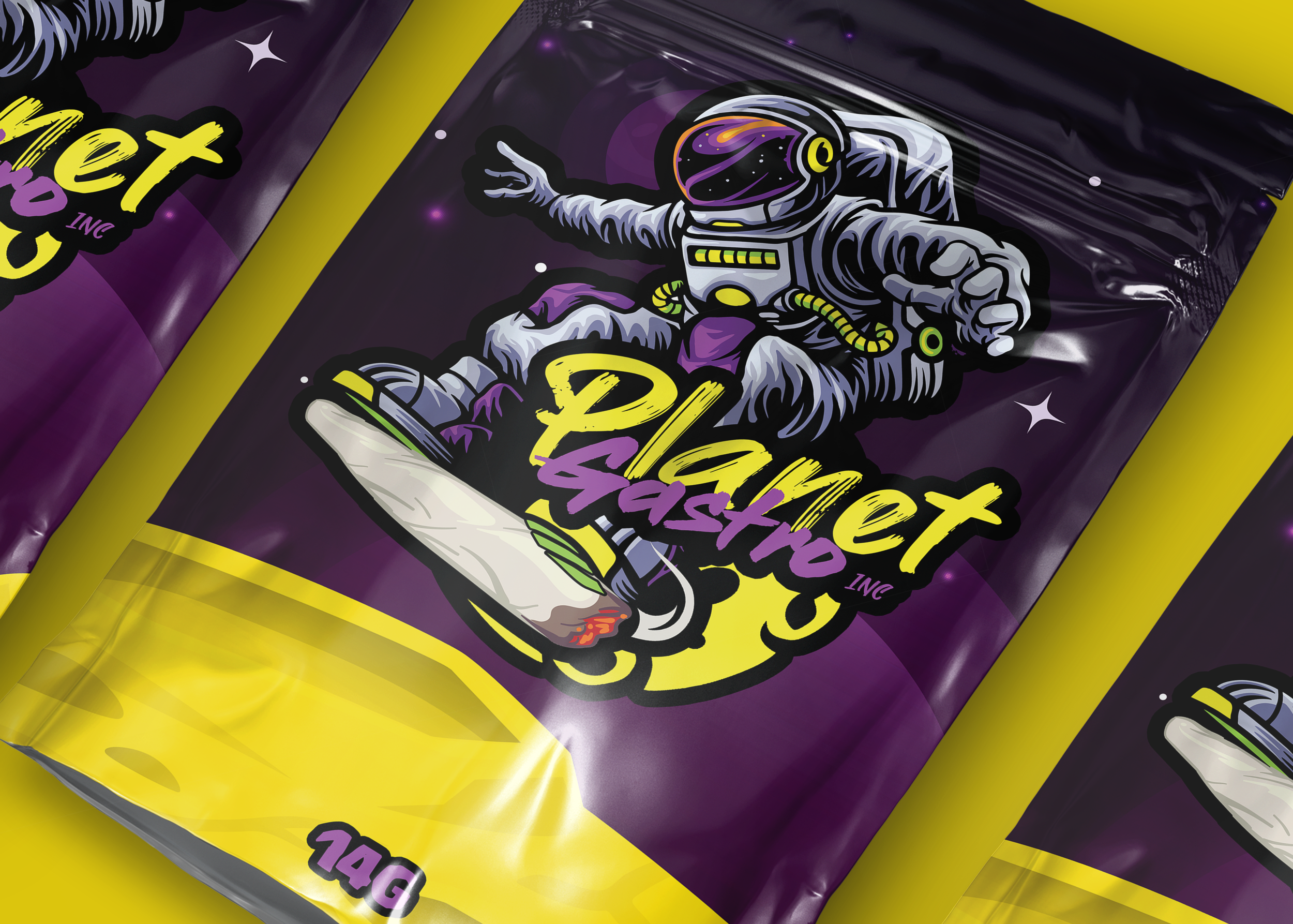 Package of Space-themed flavored tobacco with an illustration of an astronaut riding a skateboard against a space background, featuring stars and a yellow moon.