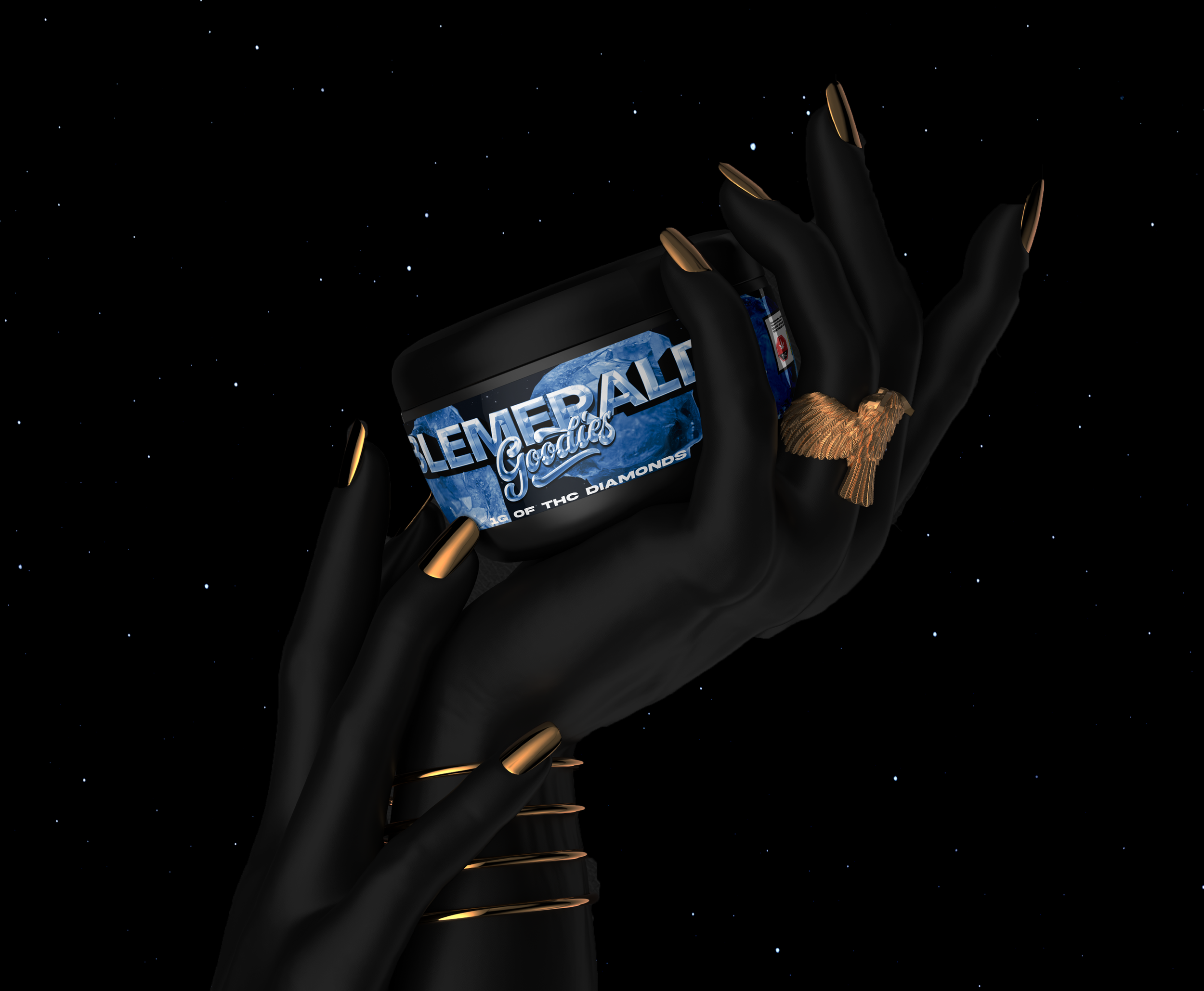 A black-gloved hand with gold-accented nails and jewelry holding a small container of Emerald Gummies, with a background of outer space filled with stars.