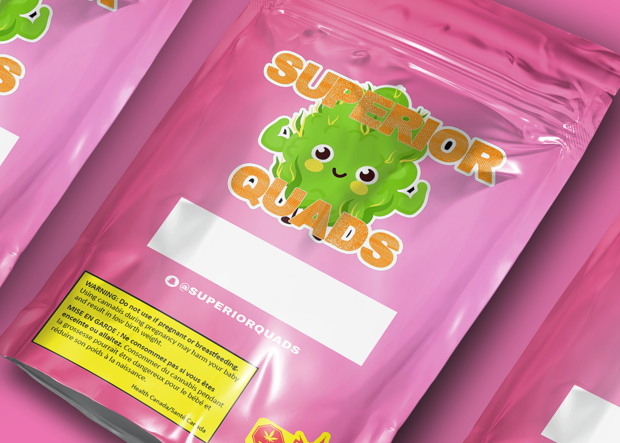 Pink cannabis product packaging labeled 'Superor Quaads' with a cartoon character resembling a green cloud with a smiling face, big eyes, and small arms. Contains a yellow warning label at the bottom with warnings about health and safety.