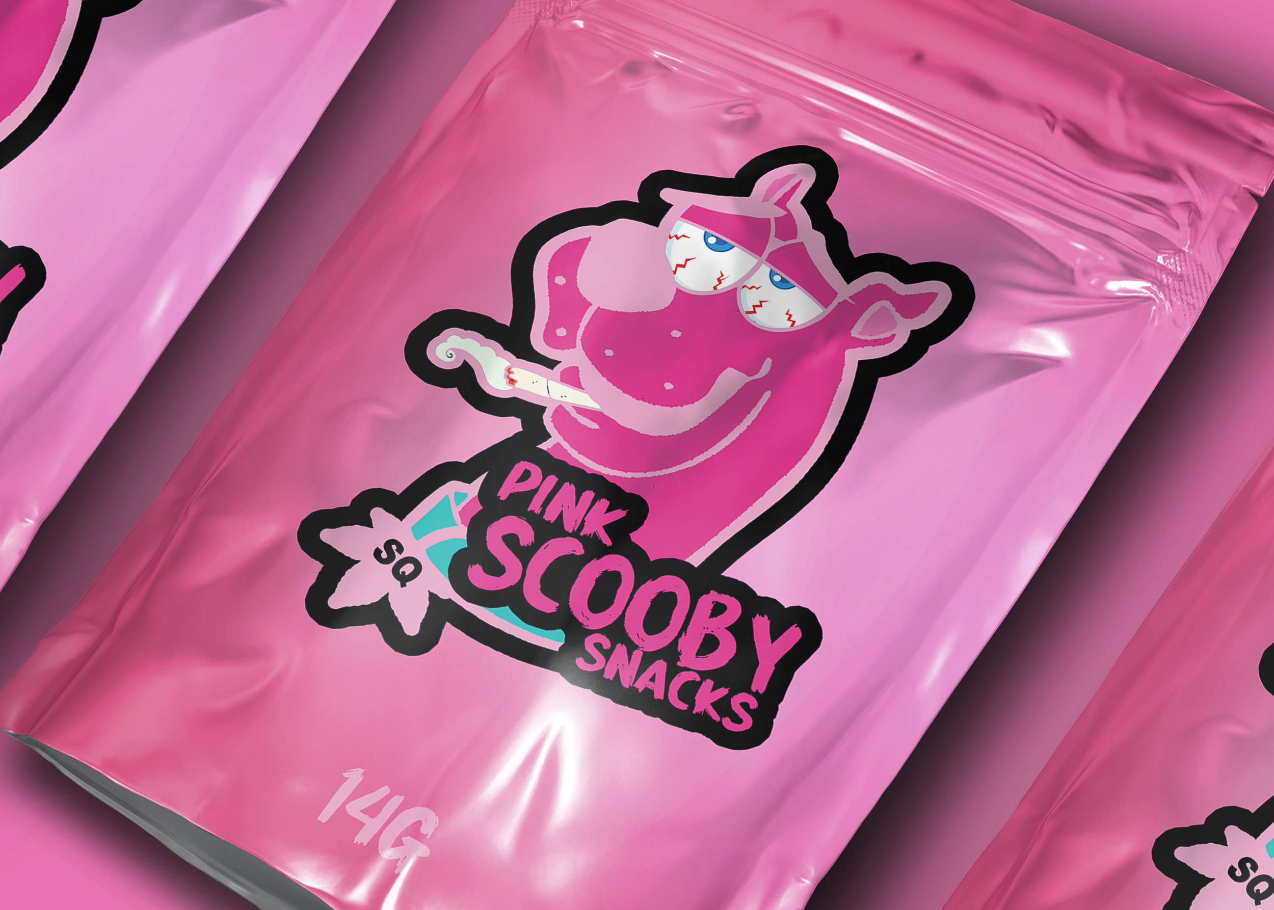Pink Scooby Snacks packaging featuring a cartoon pink dog wearing glasses and holding a rolled snack, with the text "Pink Scooby Snacks" and "14G" on the bag.