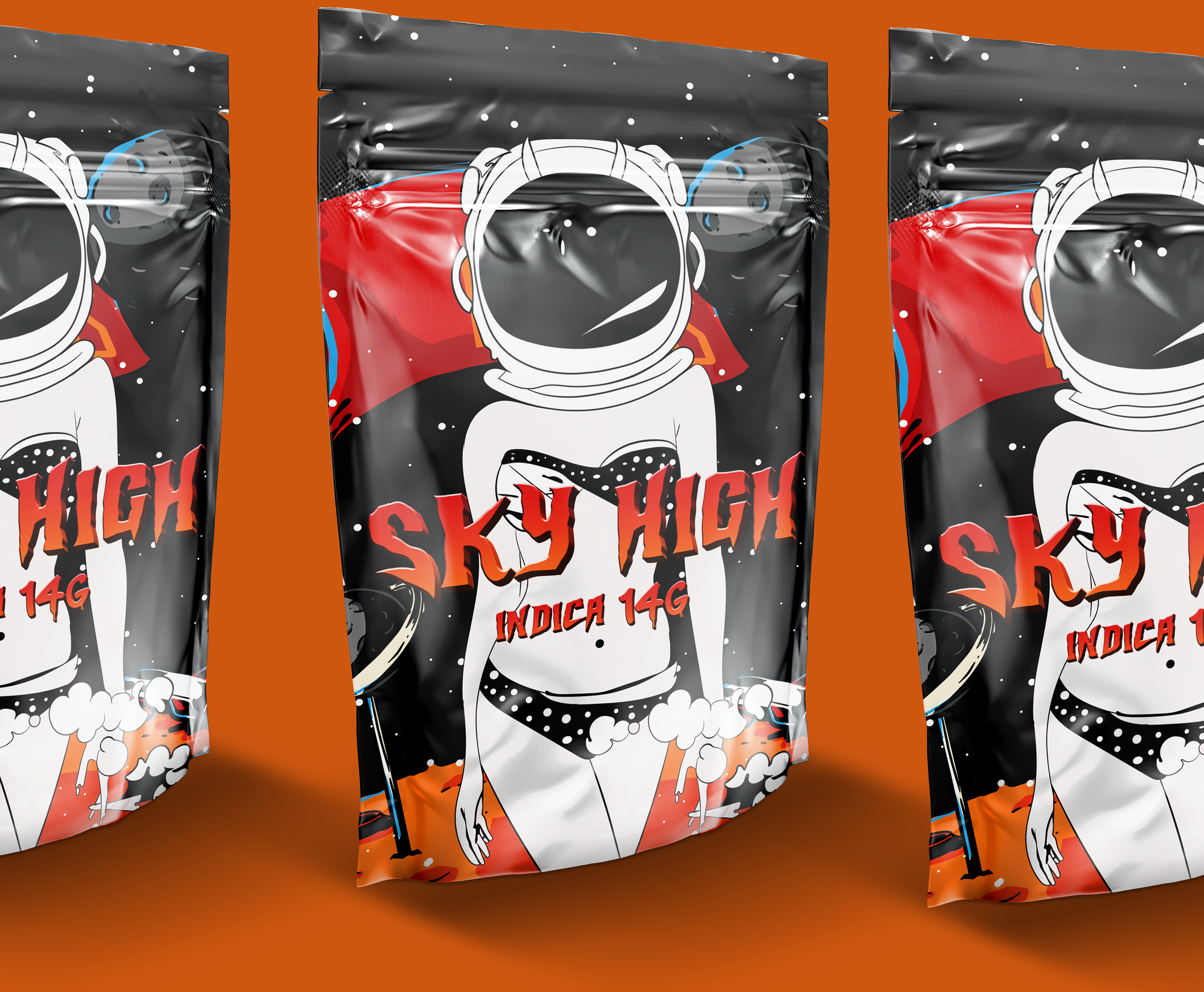 Packaging with a black background displaying a stylized illustration of a woman in a polka dot bikini and astronaut helmet, with the words 'sky high' and 'Indica 14G' in bold red letters.