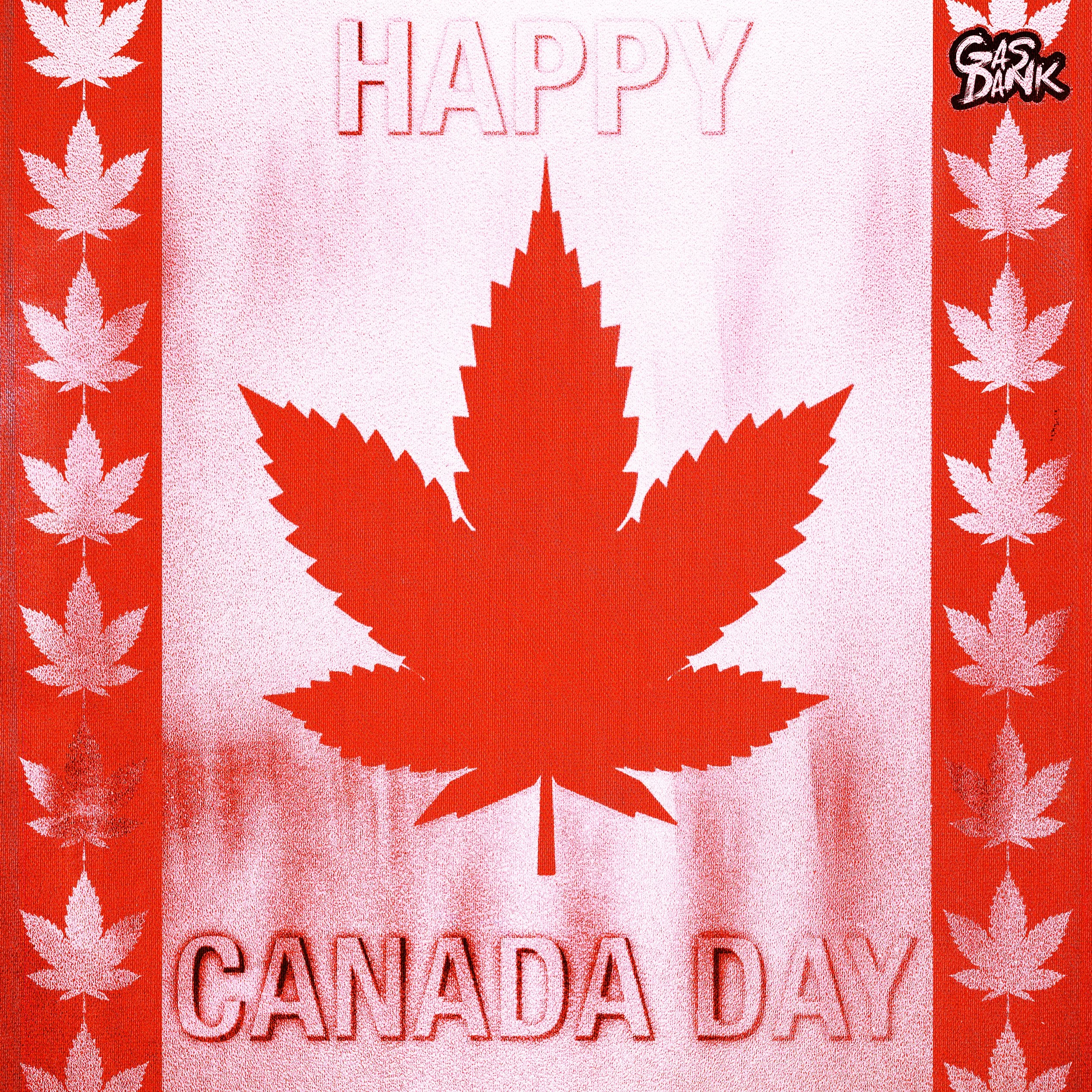 A festive image celebrating Canada Day with a large red maple leaf in the center, surrounded by smaller maple leaves on red vertical borders on each side, and the words 'HAPPY' at the top and 'CANADA DAY' at the bottom.