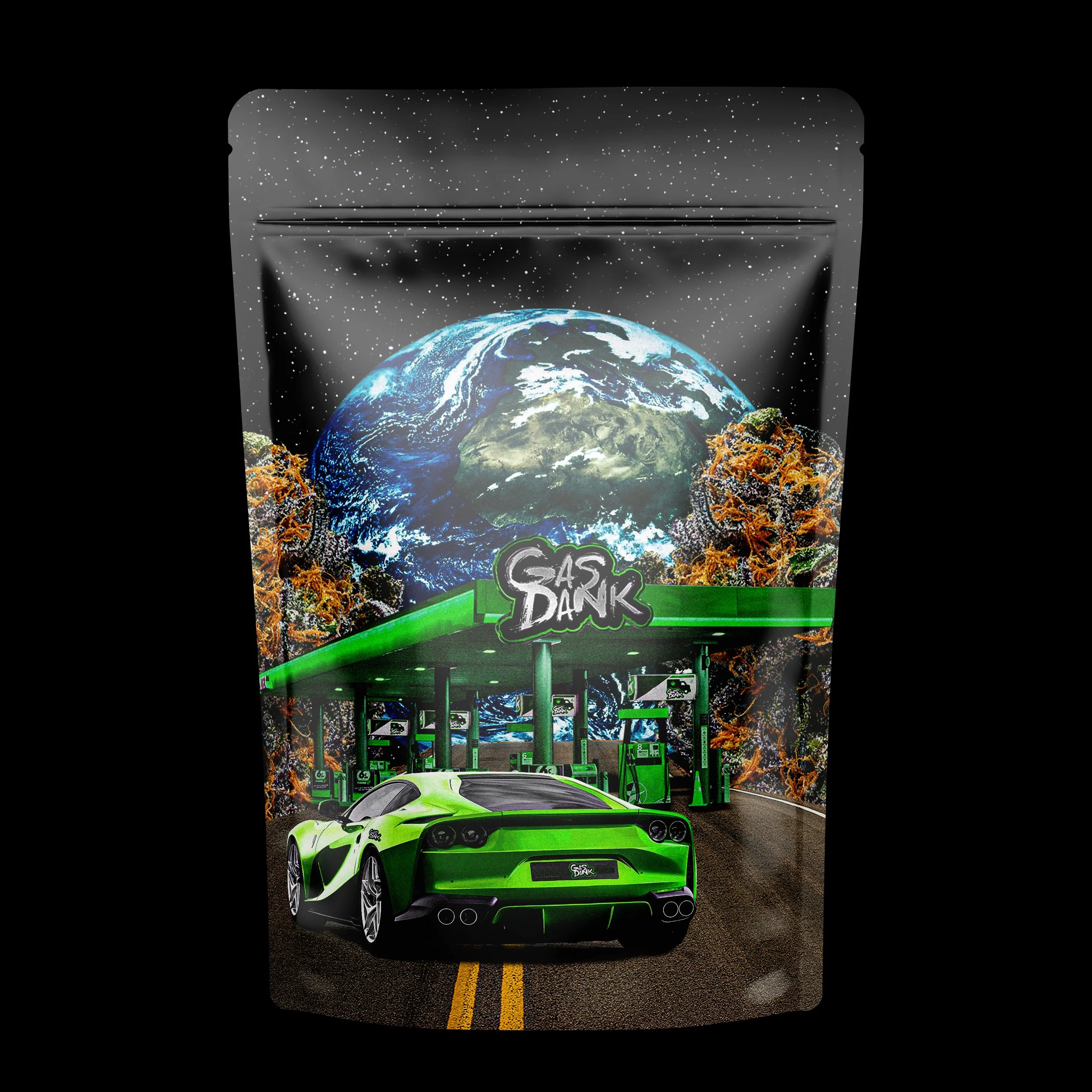 A green sports car parked on a road in front of a gas station with a cosmic background of Earth and space.