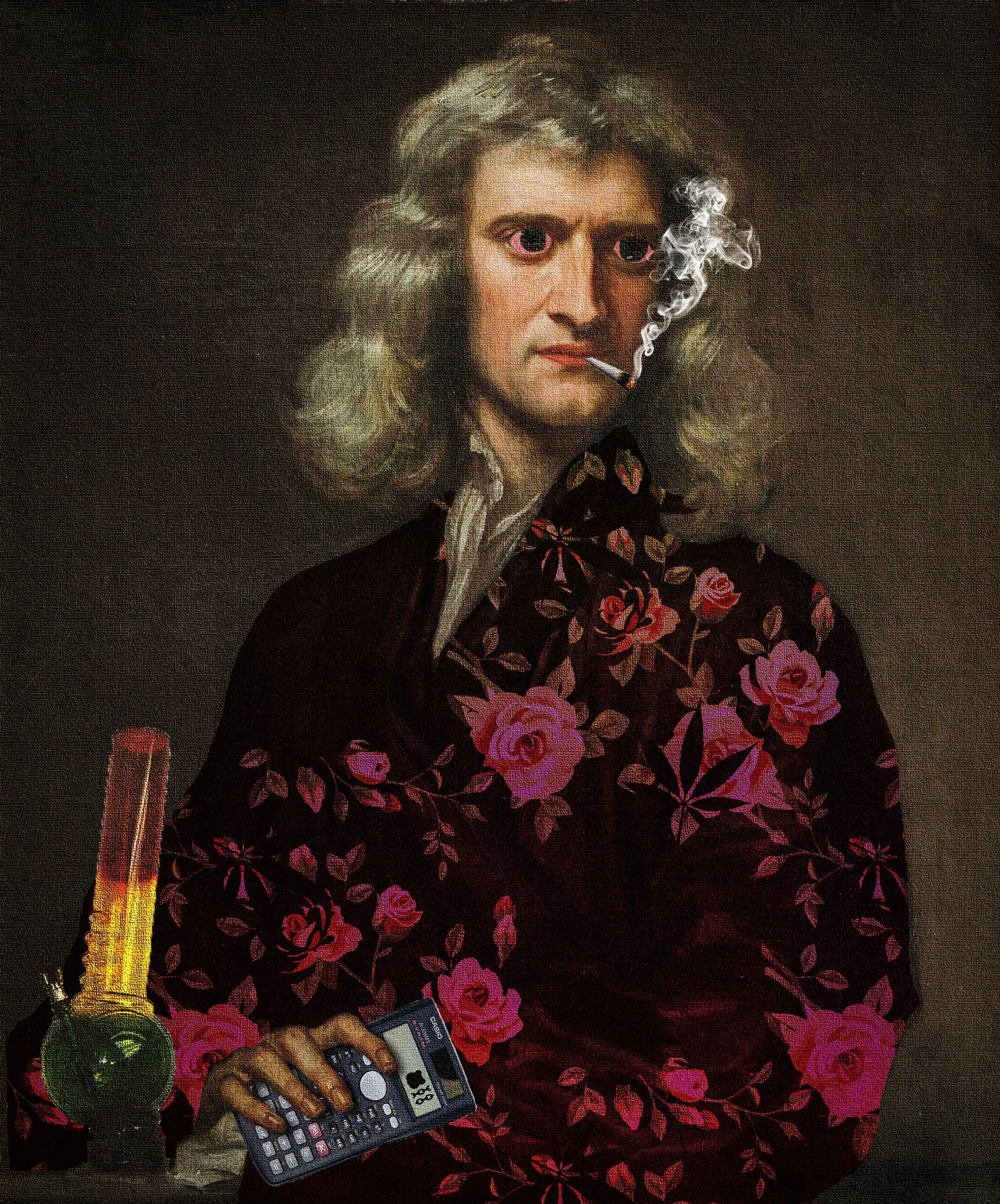 A person with a digitally altered face, wearing a black shirt with pink roses, holding a calculator, with a smoking cigarette, and a laboratory flask with yellow-orange liquid beside them.