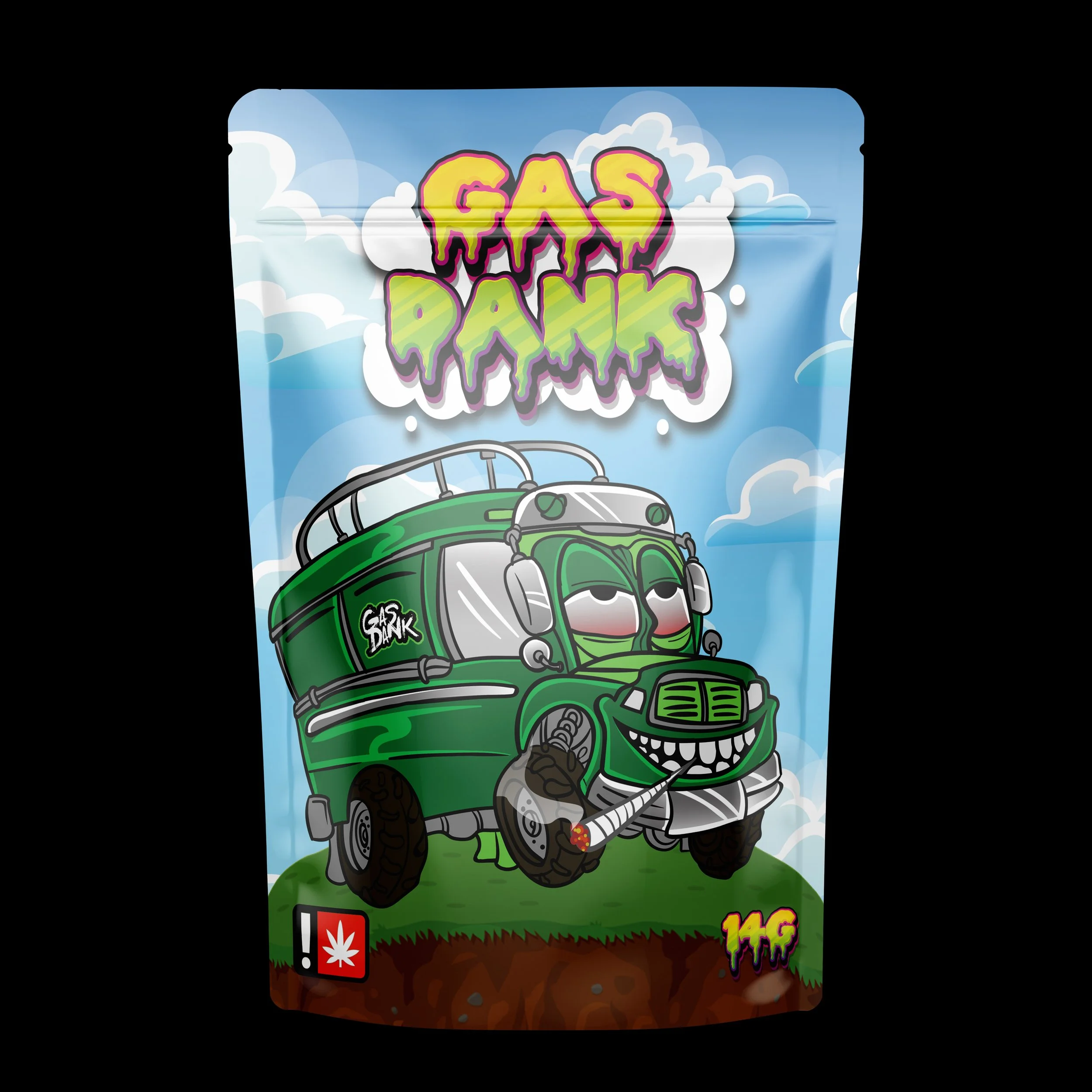Colorful packaging with cartoon cannabis delivery truck with eyes, a smiling mouth, and a lit joint. The background has clouds and the product name 'Gas Dank' in stylized graffiti font. There is a warning label with a cannabis leaf at the bottom.
