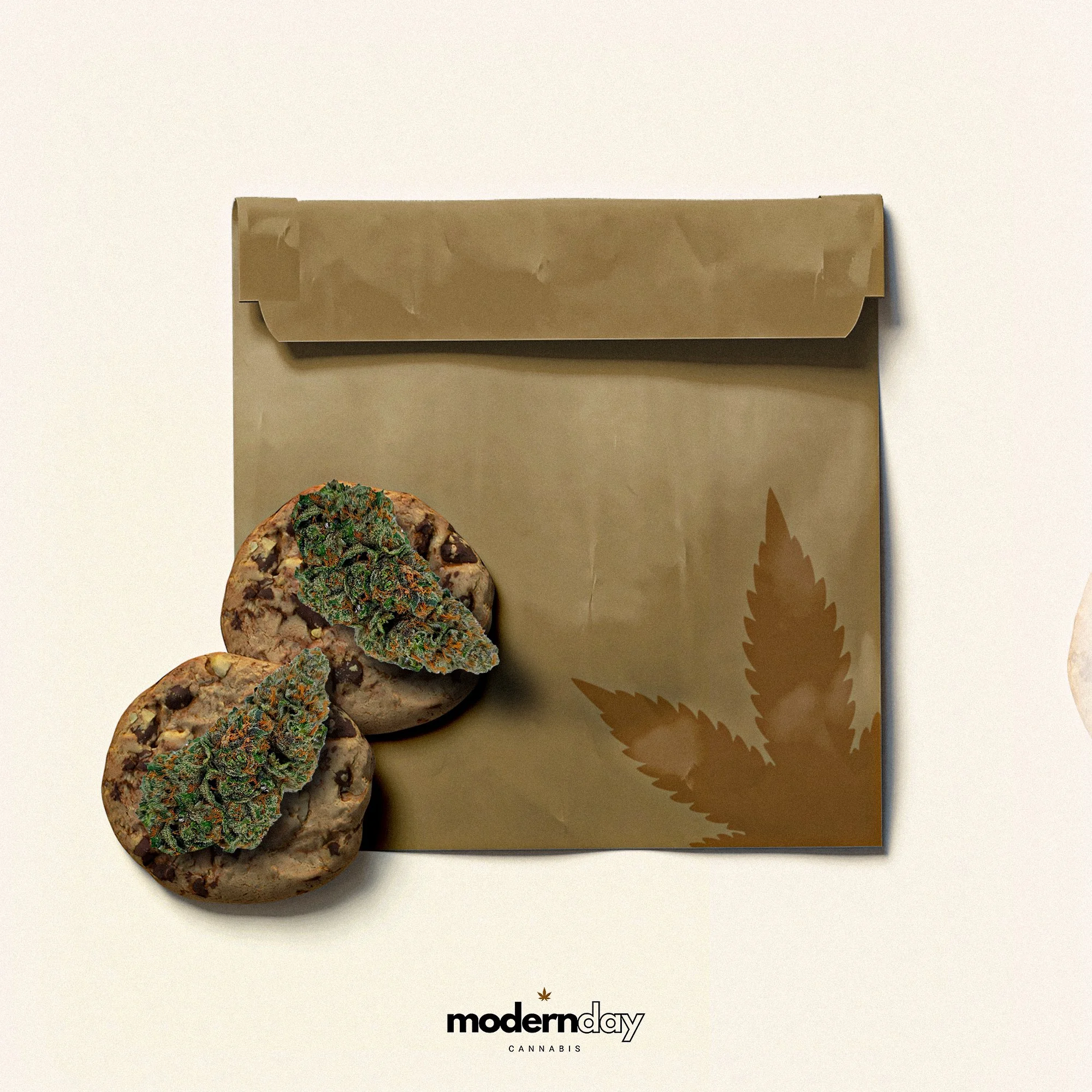Two cannabis buds placed on cookies, with a matte cannabis leaf design on a paper bag and the 'modern day' cannabis brand logo at the bottom.