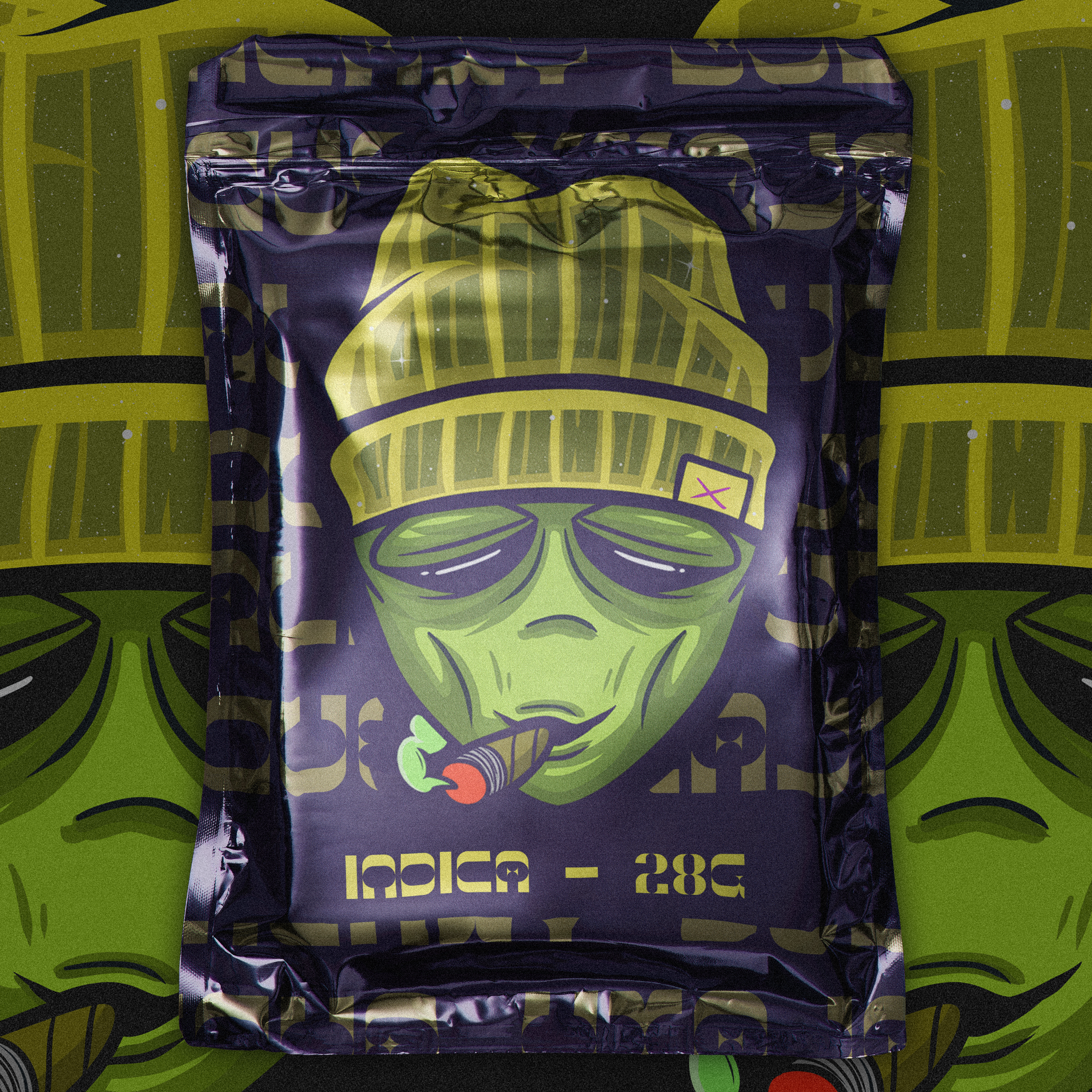 Packaging with an alien wearing sunglasses and a beanie, smoking a cigar.