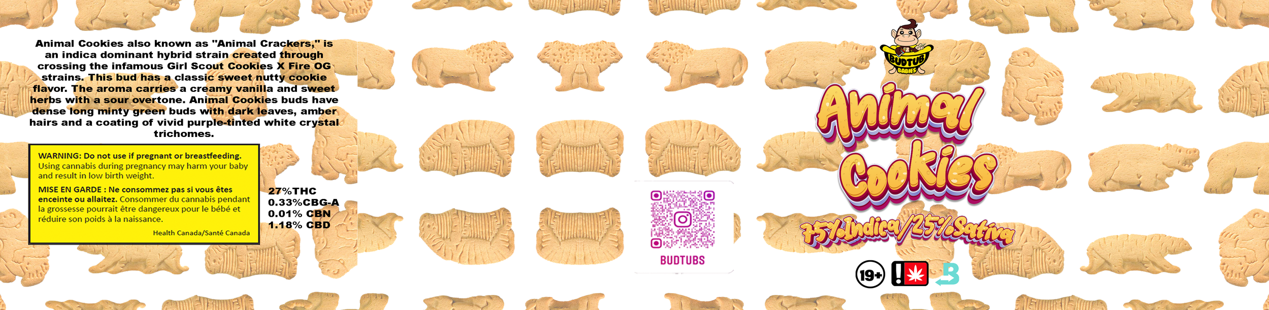 Packaging of animal-shaped cookies with a pattern of various animal cookies, a bright pink and yellow logo that says "Animal Cookies," and informational text about the product.