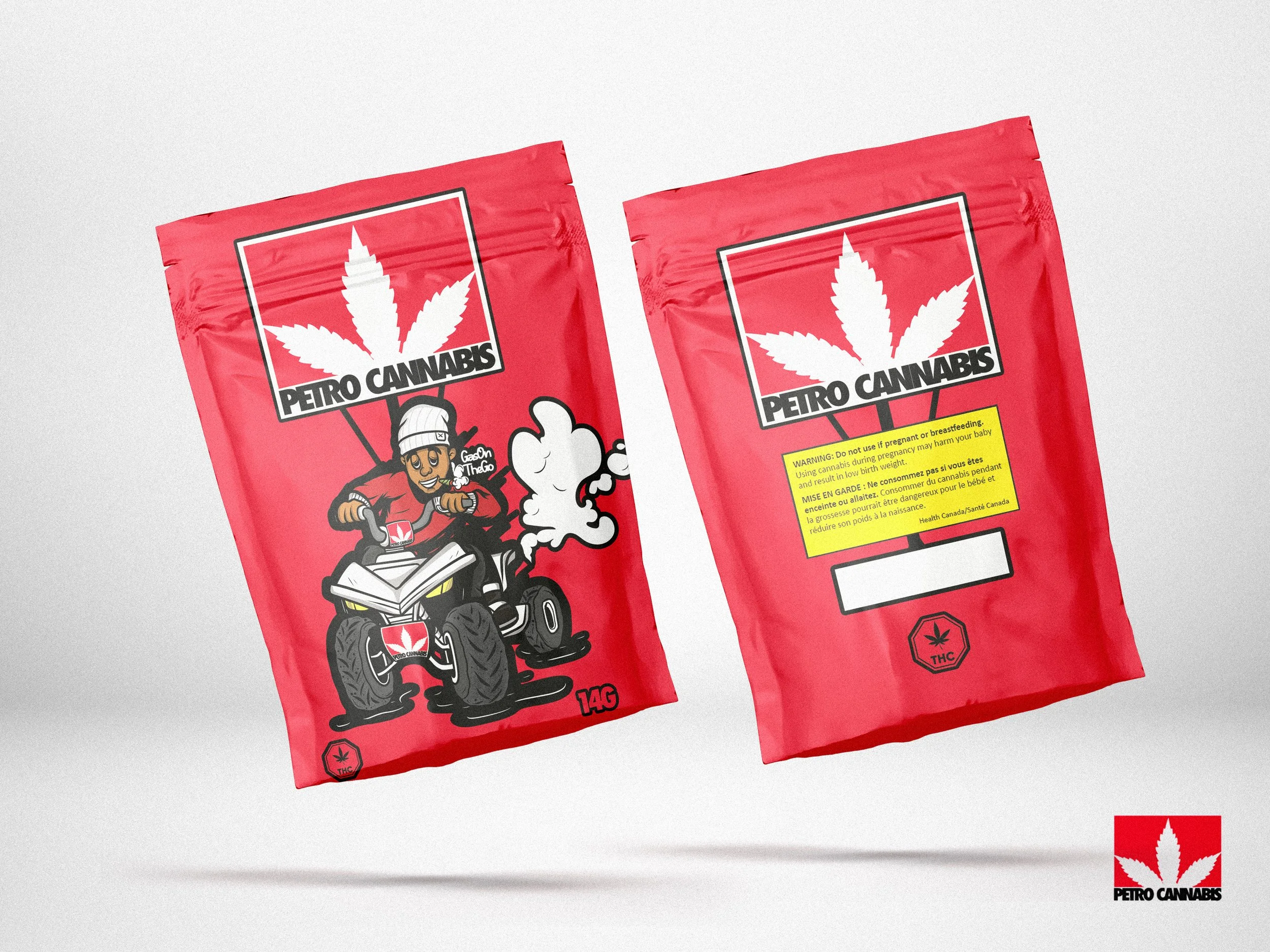Two red cannabis product packages with marijuana leaf logos and the brand name "Petro Cannabis." One package features a cartoon character riding a quad bike with smoke coming from the exhaust. The other package has warning labels, dosage information,