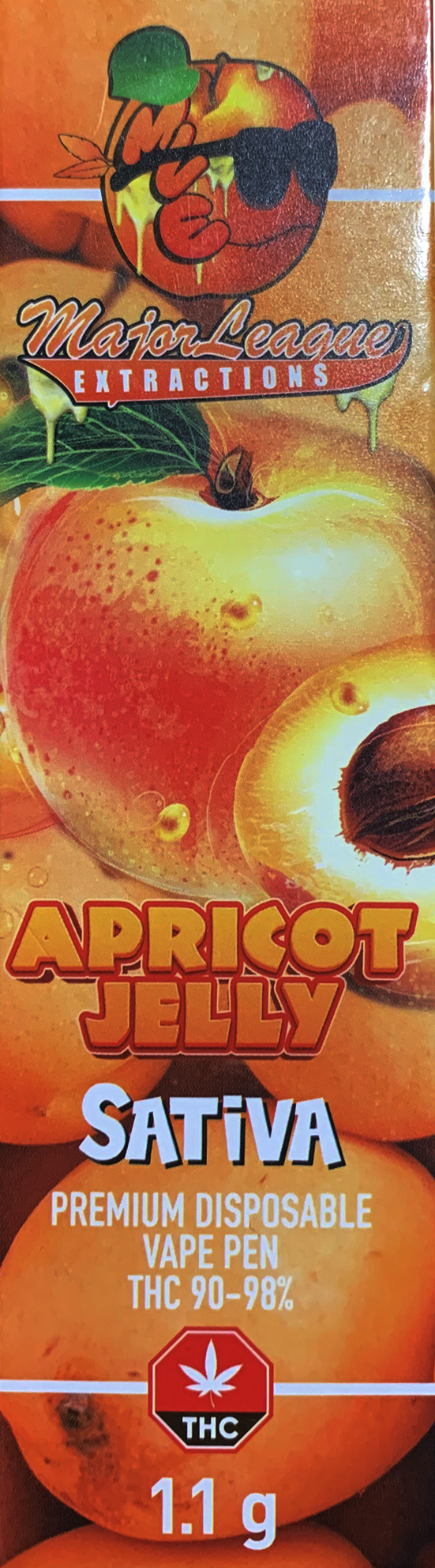 Packaging label for a cannabis vape product called Apricot Jelly Sativa. The label features images of apricots and a cartoon orange with sunglasses and a leaf hat. Text indicates it is a premium disposable vape pen with THC levels between 90-98%, con