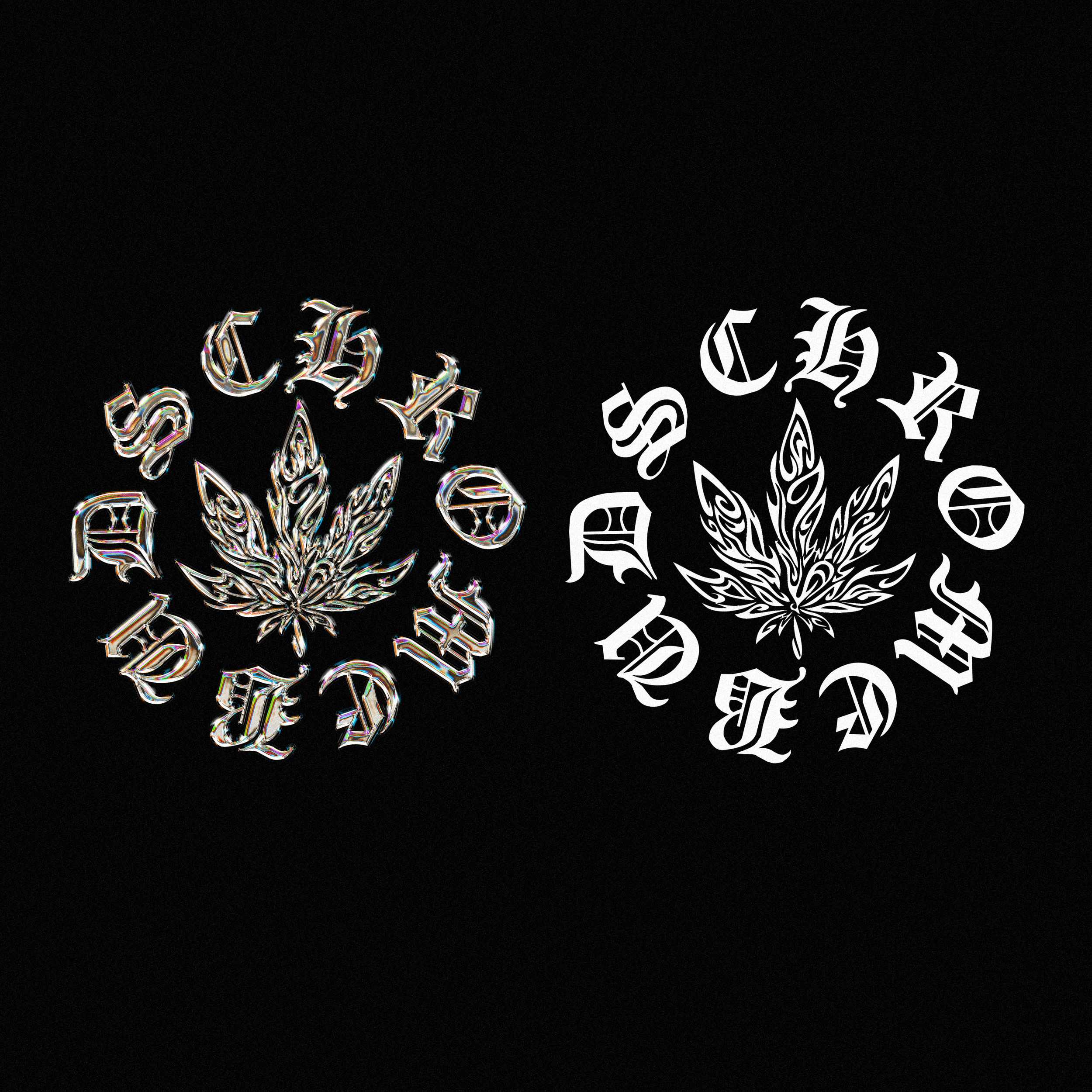 A black background with a stylized marijuana leaf in the center, surrounded by the words 'Stay High' written in a Gothic font in a circular pattern.