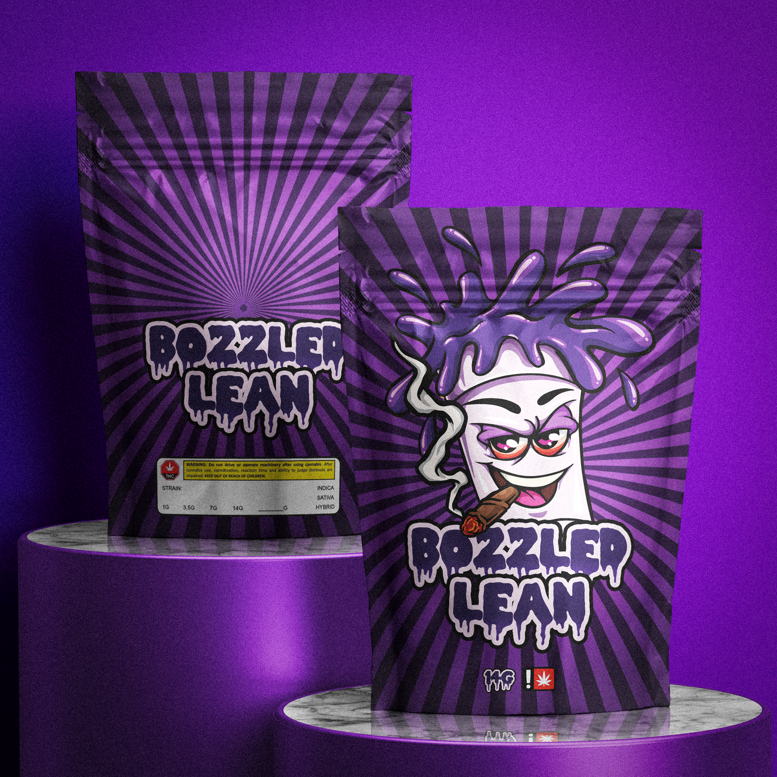 Packaging of Bozzler Lemon cannabis product featuring a cartoon character of a smiling joint with purple dreadlocks smoking and winking, set against a purple and black radial background.