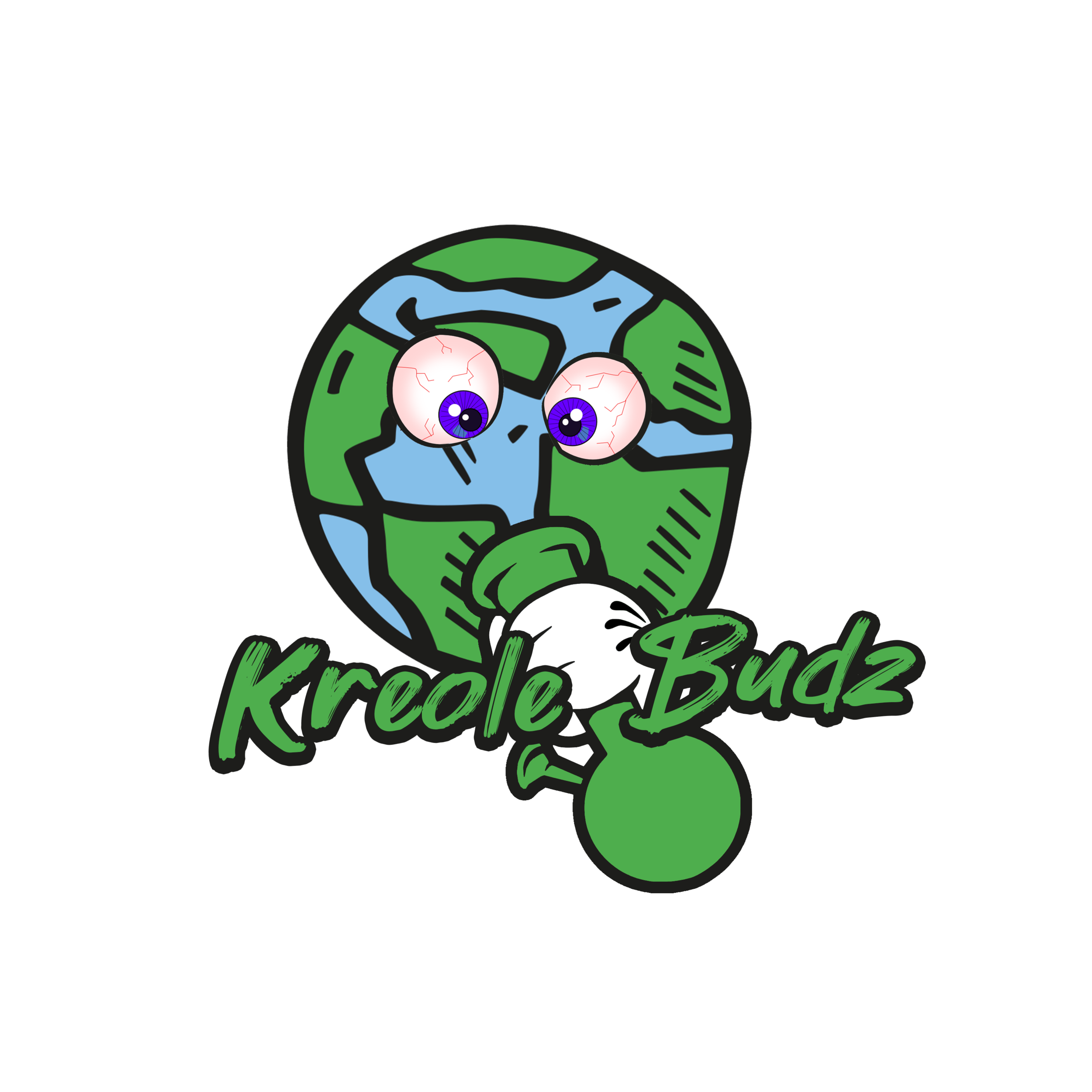 Cartoon Earth with angry eyes, wearing gloves, holding a green object, with the words 'Kreole Budz' beneath it.