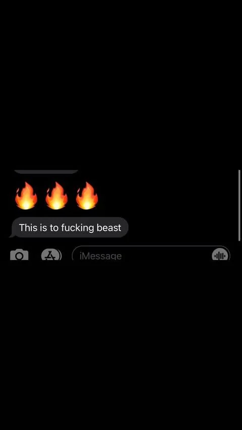 Text message with three fire emojis and the caption 'This is to fucking beast' on a dark background