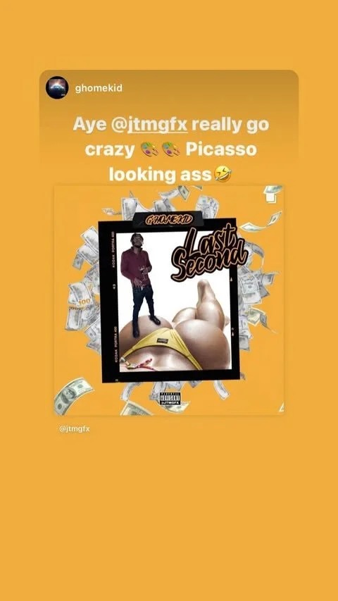 Social media post with a yellow background, showing a person standing in front of a large artwork featuring a close-up of a person's buttocks and legs, with dollar bills scattered around, and superimposed text referencing Picasso, Ghandi, and 
