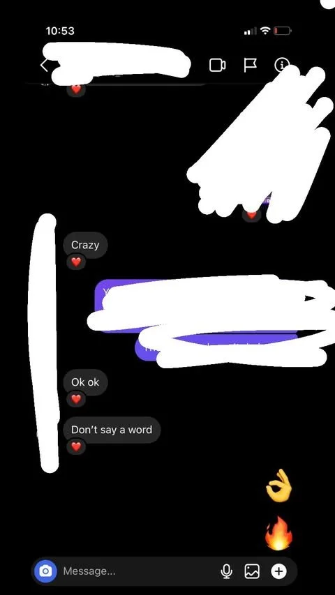 A screenshot of a text messaging conversation with several messages that include 'Crazy', 'Ok ok', and 'Don't say a word', each accompanied by a red heart emoji. There are also icons indicating a video call, voice call, information, and other app fea
