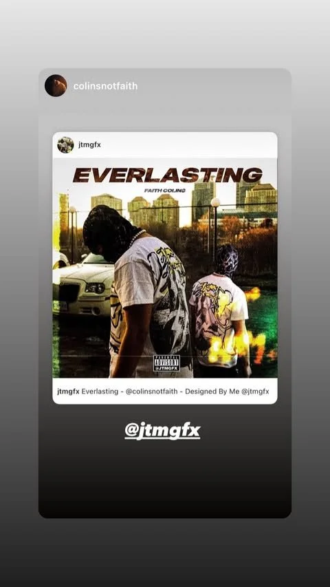 A digital artwork featuring two young men standing in front of a city skyline with several buildings, a white car, and orange and green flames, with the word "Everlasting" at the top and a parental advisory label at the bottom.