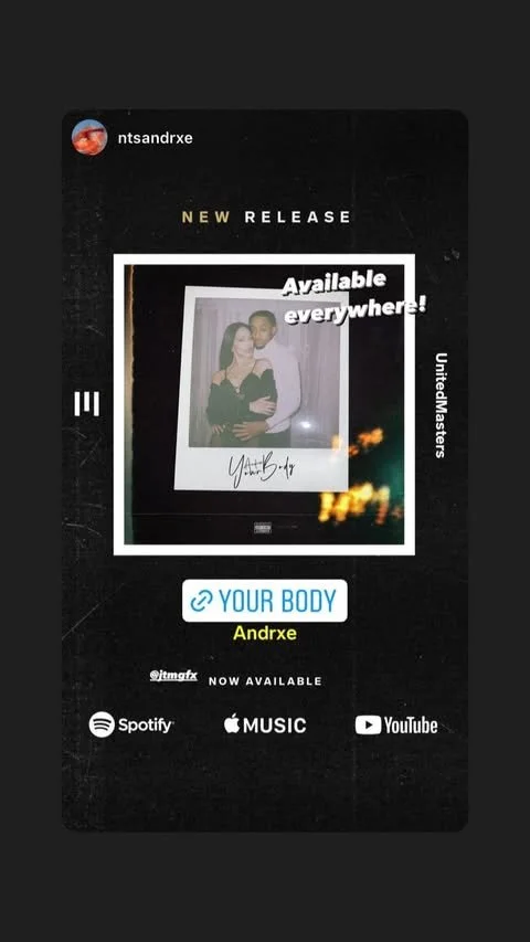 Promotional social media post for a music release titled 'Your Body' by Andrx, available on Spotify, Apple Music, and YouTube, featuring a Polaroid-style photo of a couple, with text indicating the release is available everywhere.