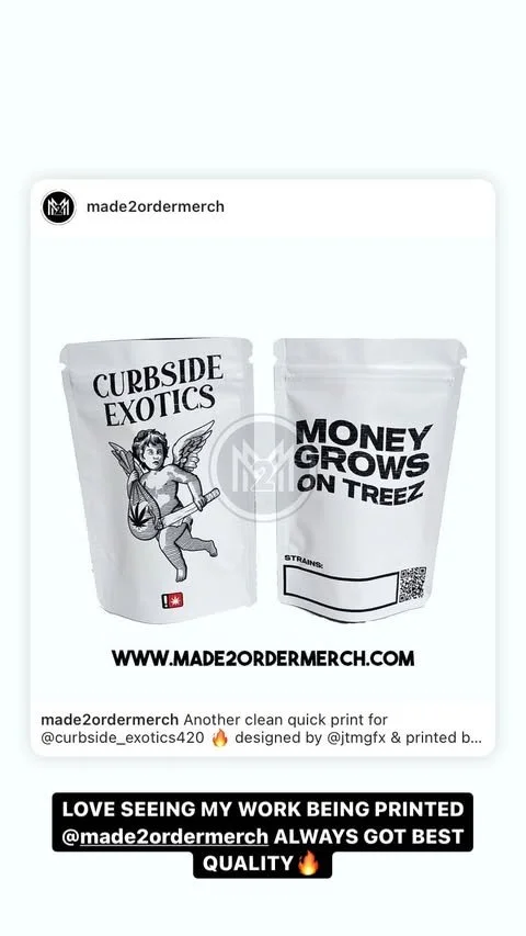 Image showing two printed product labels, one reading "Curbside Exotics" with a cartoon fairy holding a baseball bat, and the other reading "Money Grows on Treez" with a QR code, promoting a website and designer.