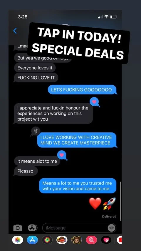 A screenshot of a text message conversation on a phone, with a black banner at the top reading 'TAP IN TODAY! SPECIAL DEALS'.