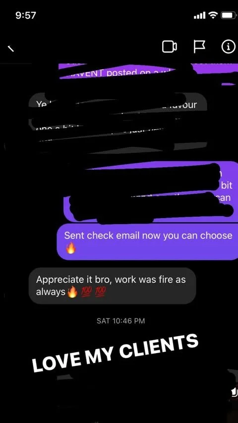 A screenshot of a text message conversation on a phone, showing messages about work and appreciation, with a caption that says "LOVE MY CLIENTS" at the bottom.