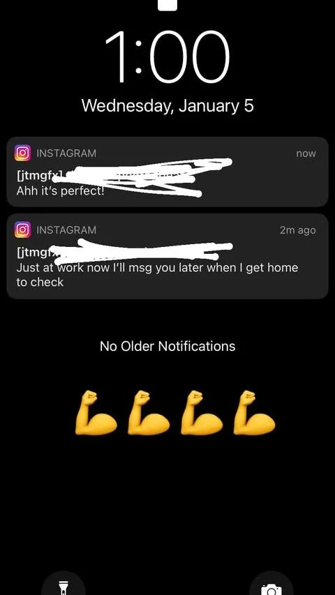 Phone lock screen showing the time 1:00 on Wednesday, January 5. Two Instagram notifications with messages, one saying "Ahh it's perfect!" and the other saying "Just at work now I'll msg you later when I get home to check." No older notifications. Fo