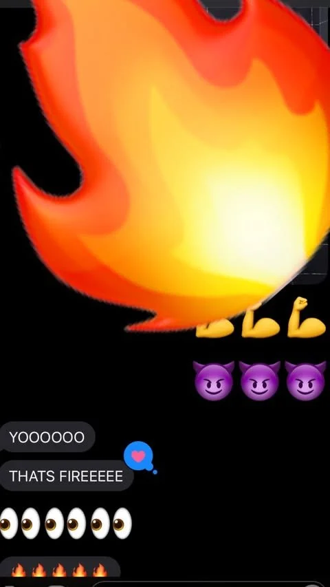 A red, orange, and yellow fire emoji with small yellow feet and squiggly flames at the top. Below the fire emoji are three purple smiling devil emojis. The background is black, and there are text messages saying "YOOOOOO" and "THATS FIREEEEE," along 