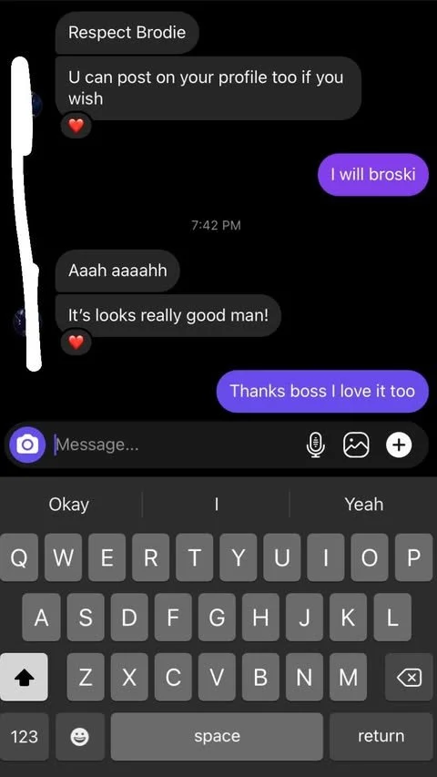 Screenshot of a text message conversation discussing posting on a profile, complimenting someone's good looks labeled as "Respect Brodie," with expressions of gratitude and affection.