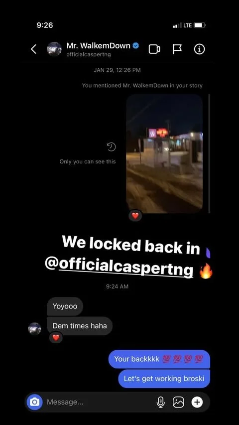 Screenshot of a conversation on social media showing a photo of a closed business at night with a flickering sign, accompanied by messages about locking back in and plans to work.