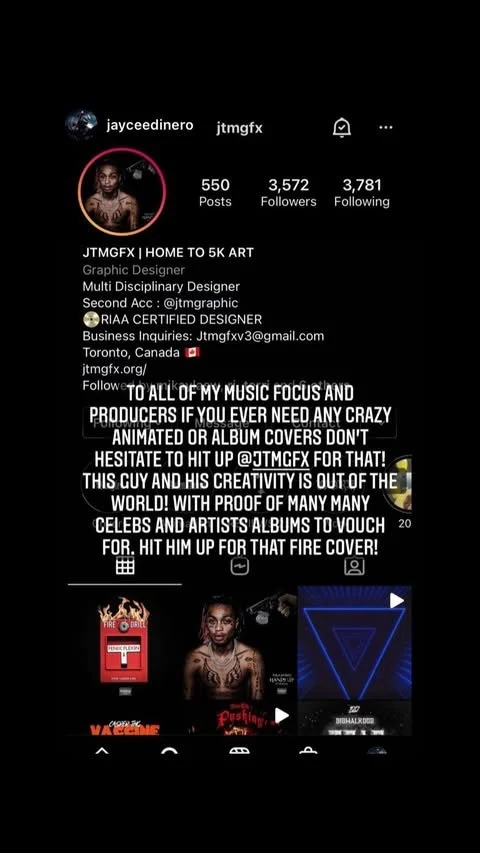 Instagram profile of JTMgfx showcasing music and album covers.