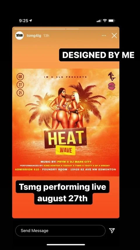 Event poster for Heat Wave, a live music performance by Tsmg on August 27th at Foundry Room in Edmonton. Features images of two women in swimsuits on a beach with palm trees at sunset. Designed by Tsmg, with music by Prym & DJ Mars City.