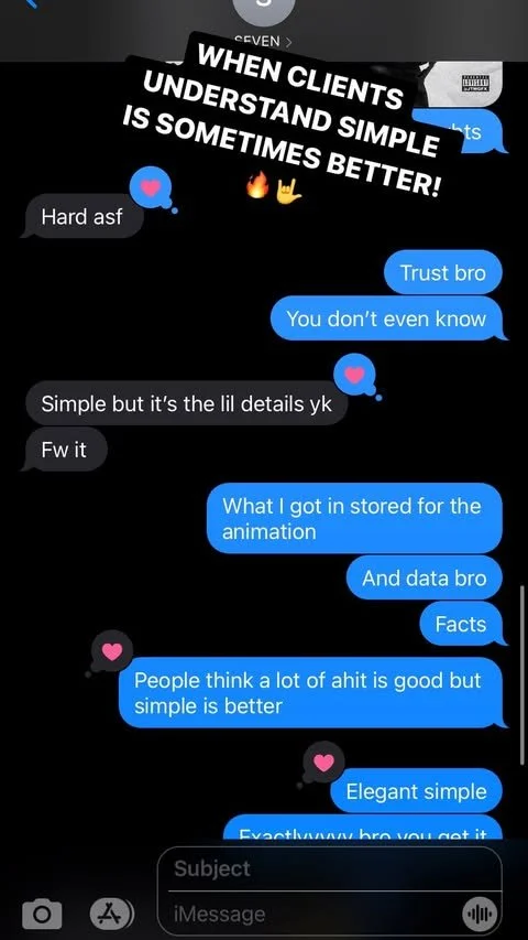Screenshots of a group chat conversation about design and data, with emojis and animated stickers, overlaid with a motivational quote about client understanding.