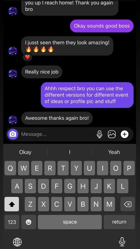 Screenshot of a chat conversation on a messaging app with purple and black speech bubbles and a virtual keyboard at the bottom.
