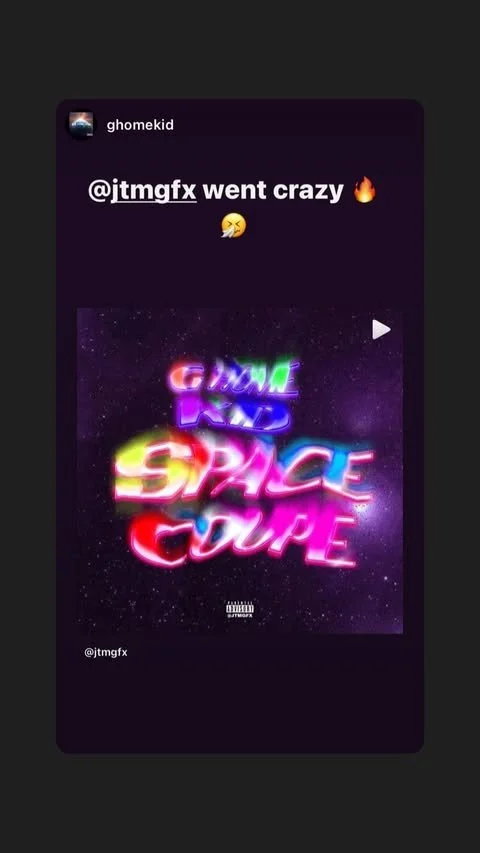 Screenshot of a social media post with a neon-style game cover titled 'GAME AND SPACE CUBE' in colorful, glowing text, set against a starry space background.