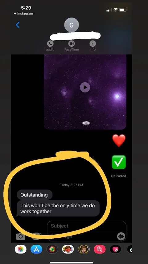 Screenshot of a messaging app chat with a person named G, displaying a music album cover with a starry purple sky and space theme. The message reads, "Outstanding. This won't be the only time we do work together," sent at 5:27 PM. There are also icon