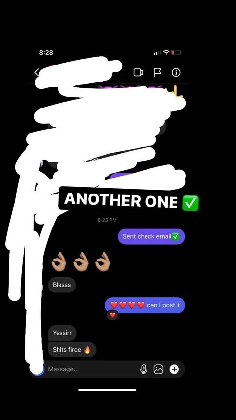 Screenshot of a messaging app conversation with text and emojis, showing verification check marks and a timestamp.
