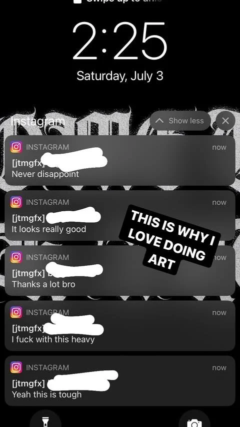 Phone screen showing the time 2:25 on Saturday, July 3, with multiple Instagram notifications discussing art and heavy work.