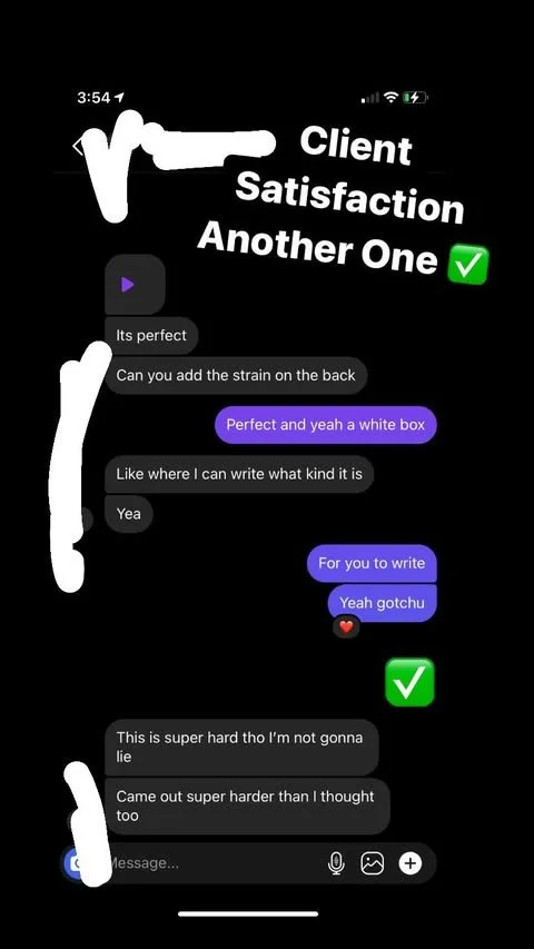 Screenshot of a chat conversation on a phone showing messages about a product, with some messages in black and others in purple, smiling and heart emojis, and a time at the top of 3:54, with a green check mark and white text overlay reading "Client S