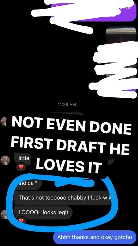 A screenshot of a chat conversation, showing messages about someone’s first draft being loved, with comments indicating the draft is legit, and a person thanking someone for their support.
