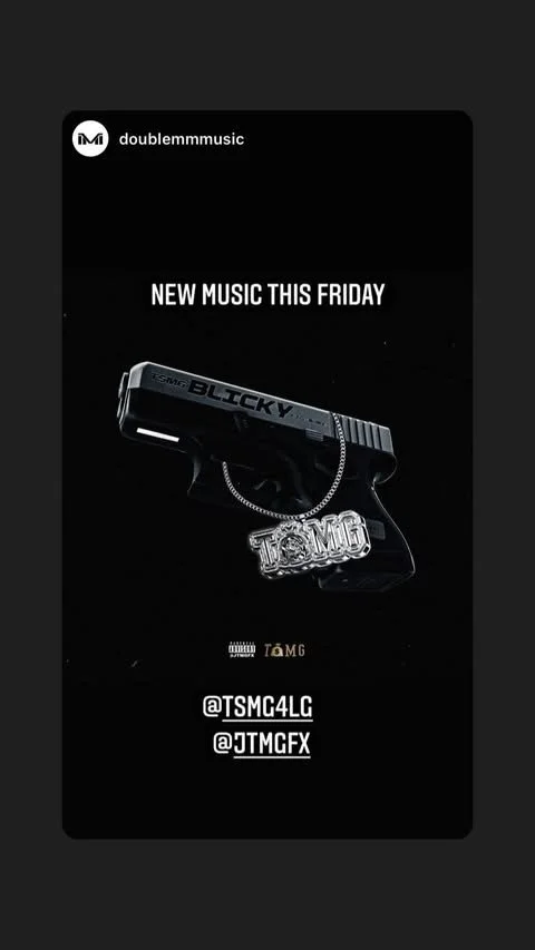 Promotion poster for new music release this Friday by doublemmusic, featuring a gun-shaped chain with a large 'TSMG' pendant, with Instagram handles @TSMC4LC and @JTMGFX.