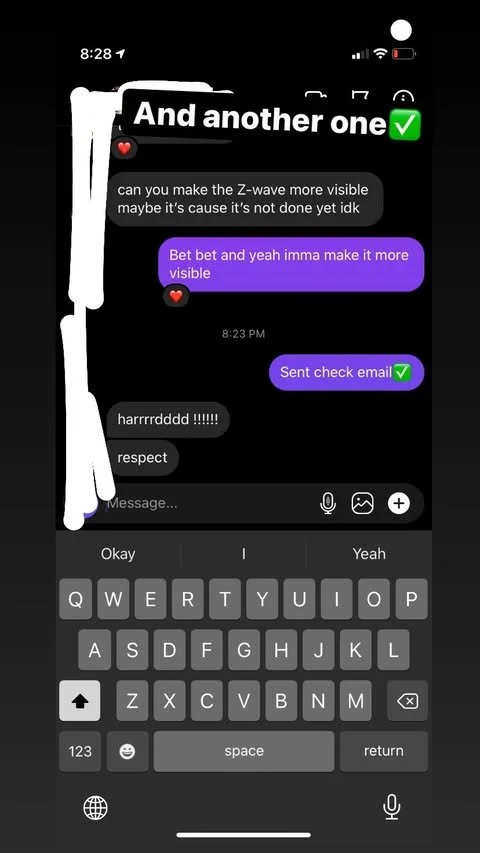 Screenshot of a chat conversation on a smartphone discussing making a Z-wave more visible and sending a check email, with emojis and a keyboard visible at the bottom.
