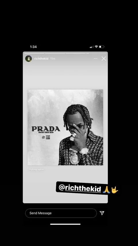 A black-and-white promotional poster featuring a man with dreadlocks, wearing a patterned shirt, a large watch, and sunglasses, with the quote 'PRADA RICH THE KID' and the Instagram handle '@richthekid' along with prayer hands and rocker hand emojis.
