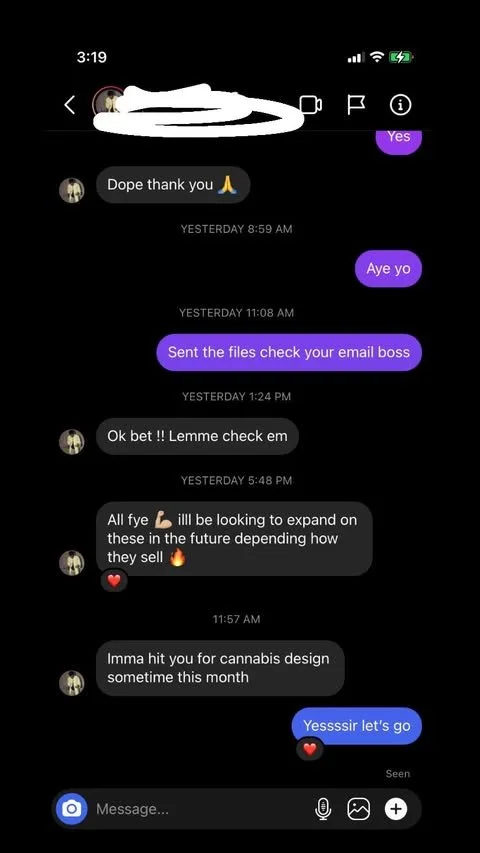A screenshot of a text message conversation on a phone with a black background. The messages are exchanged between two people discussing files, emails, and future plans related to a cannabis design project.